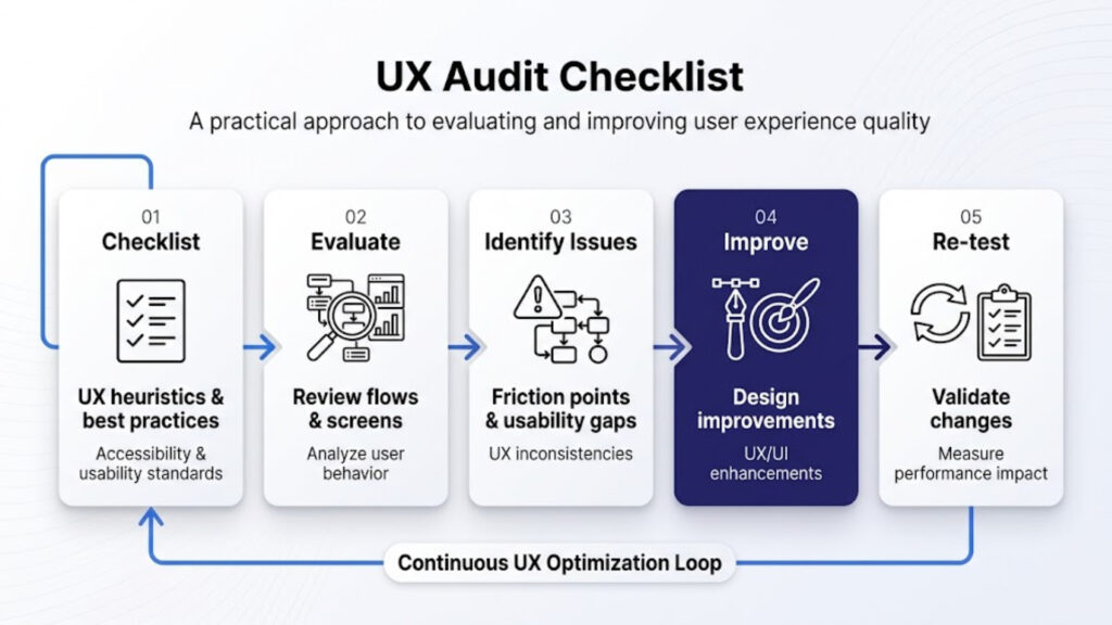 UX audit checklist diagram showing evaluation and improvement cycle