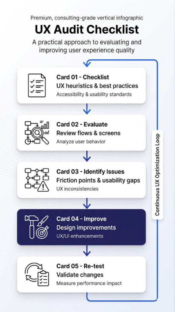 UX audit checklist diagram showing evaluation and improvement cycle
