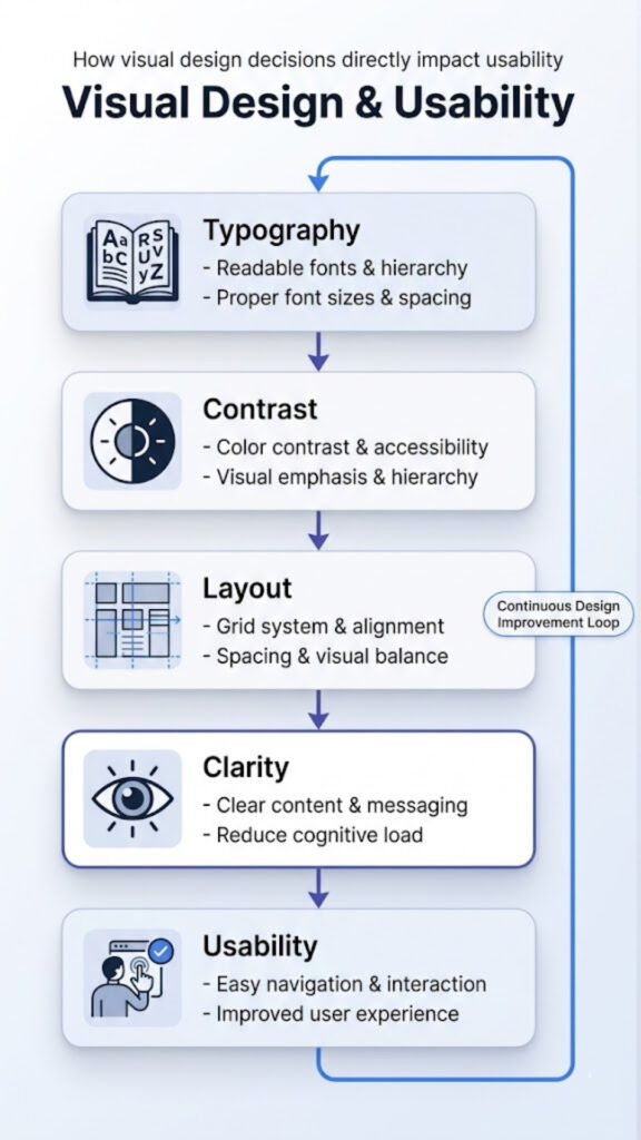 Visual design usability diagram showing how hierarchy and contrast improve user experience